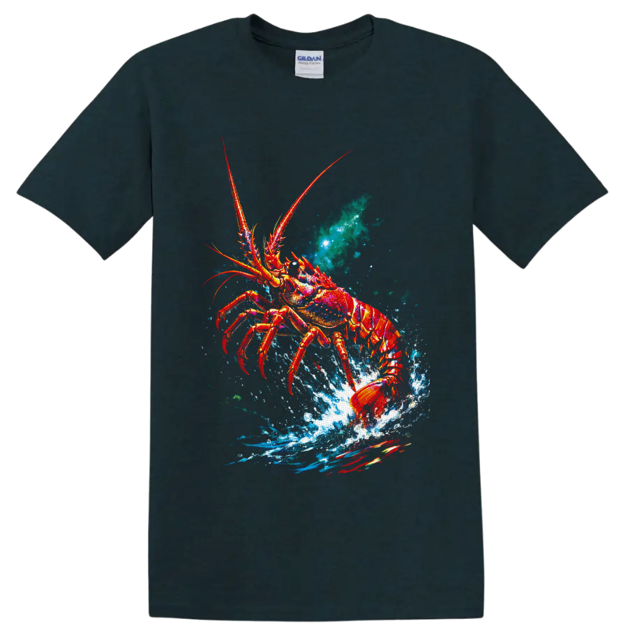 Colorful lobster bursting through blue ocean splash in vivid painterly marine art on a Midnight (Green) T Shirt