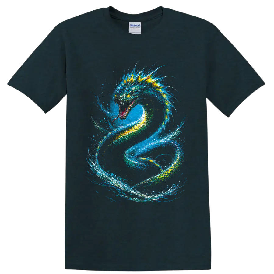 Colorful Water Dragon with blue mane coiling through swirling ocean waves on a Midnight (Green) T Shirt