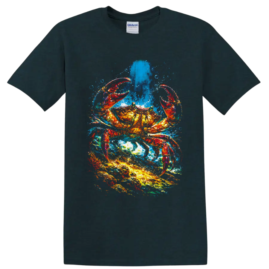 Colorful crab in a vivid watercolor-style ocean splash with bubbles on a Midnight (Green) T Shirt