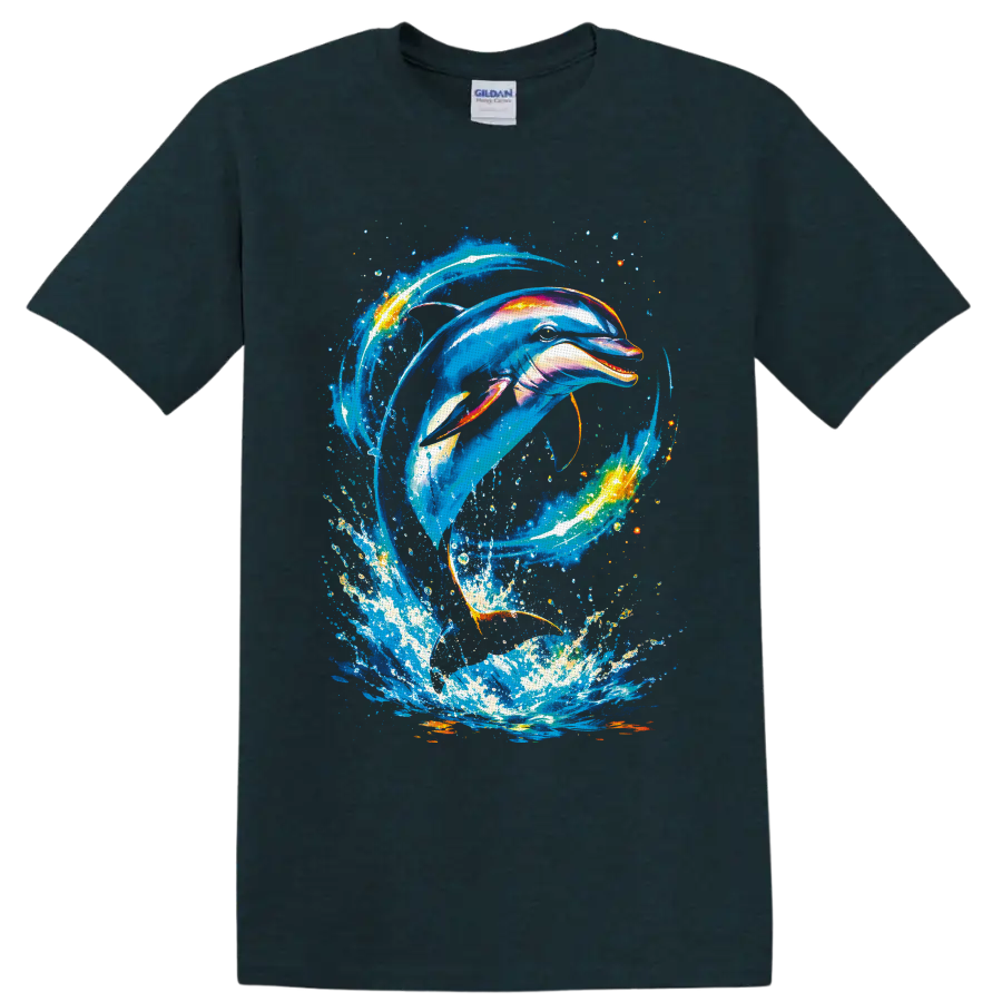 Vibrant dolphin swimming through a swirling ocean wave splash in painterly aquatic art on a Midnight (Green) T Shirt