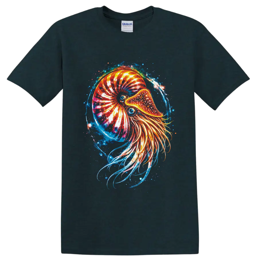 Cosmic nautilus illustration with glowing chambered shell, flowing tentacles, and blue on a Midnight (Green) T Shirt