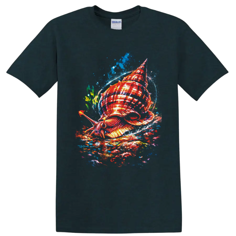 Colorful sea snail with a red spiral shell in expressive blue ocean splash art on a Midnight (Green) T Shirt