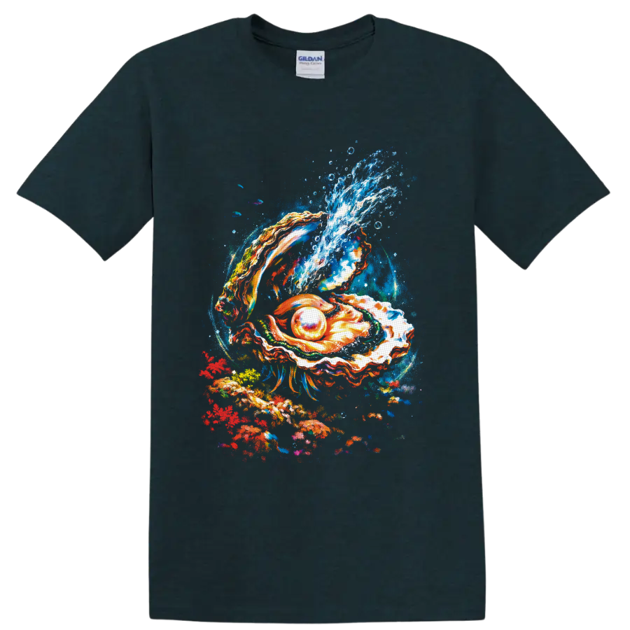 Colorful painted oyster shell with glowing pearl and cresting ocean wave on a Midnight (Green) T Shirt