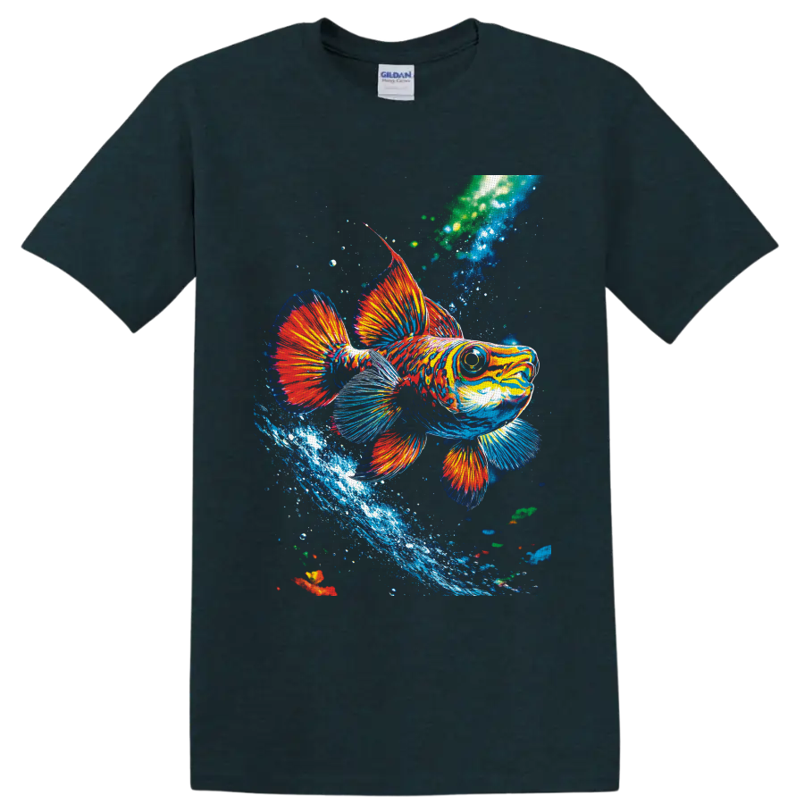 Colorful tropical fish illustration with flowing fins, bubbles, and a blue water splash on a Midnight (Green) T Shirt