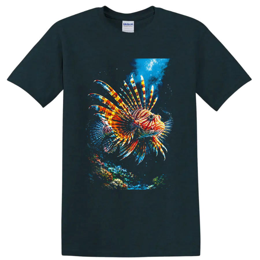 Colorful lionfish with striped fins over a tropical coral reef in splash-style ocean art on a Midnight (Green) T Shirt
