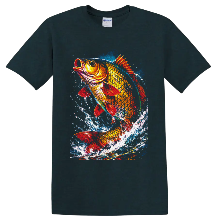 Colorful koi fish with red fins leaping through painterly blue water splashes on a Midnight (Green) T Shirt