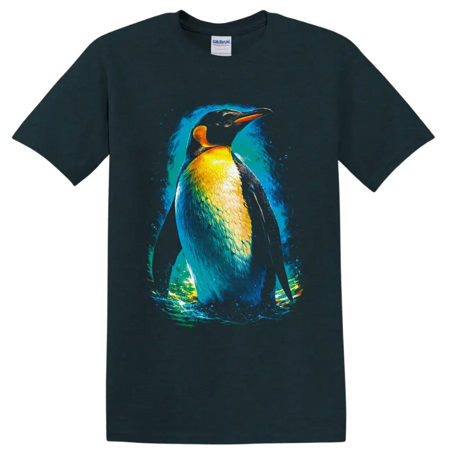 Colorful kingfisher illustration with blue, gold, and orange plumage in a curling wave on a Midnight (Green) T Shirt