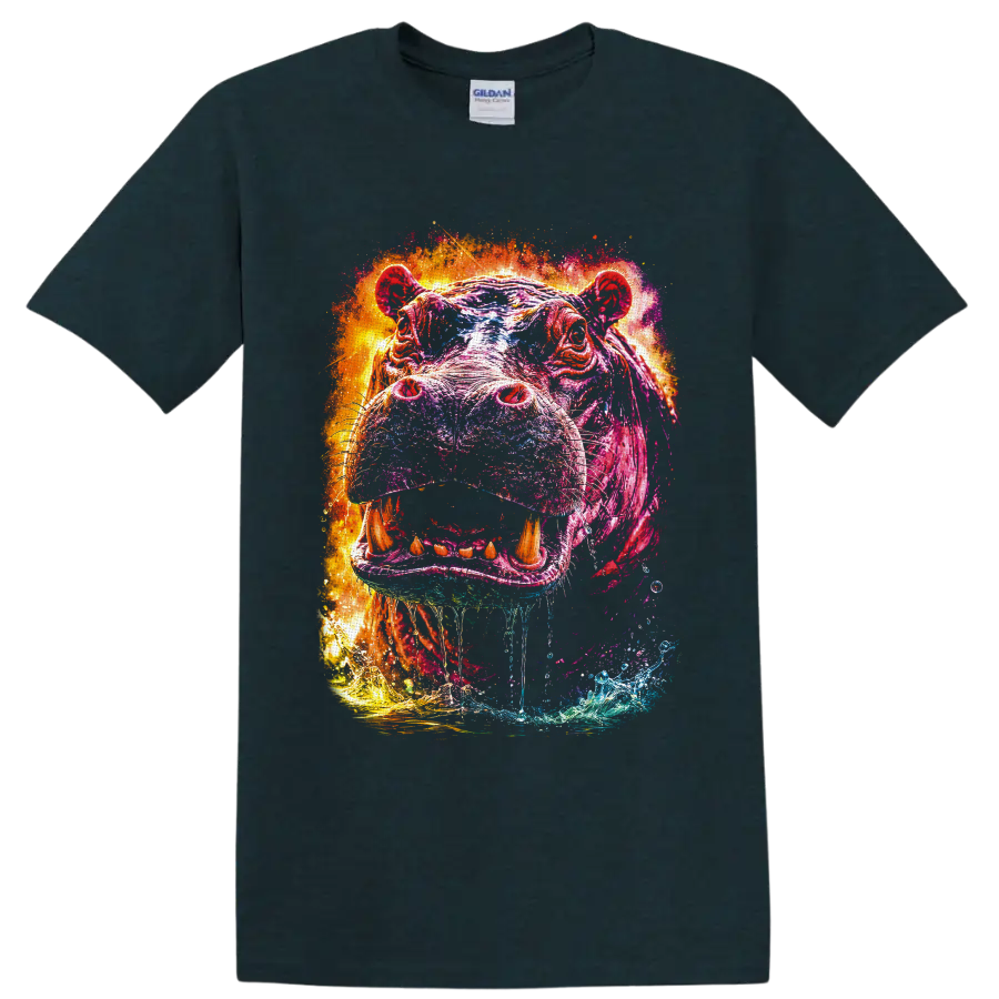 Vibrant splash-art hippopotamus portrait with open mouth, tusks, and water accents on a Midnight (Green) T Shirt