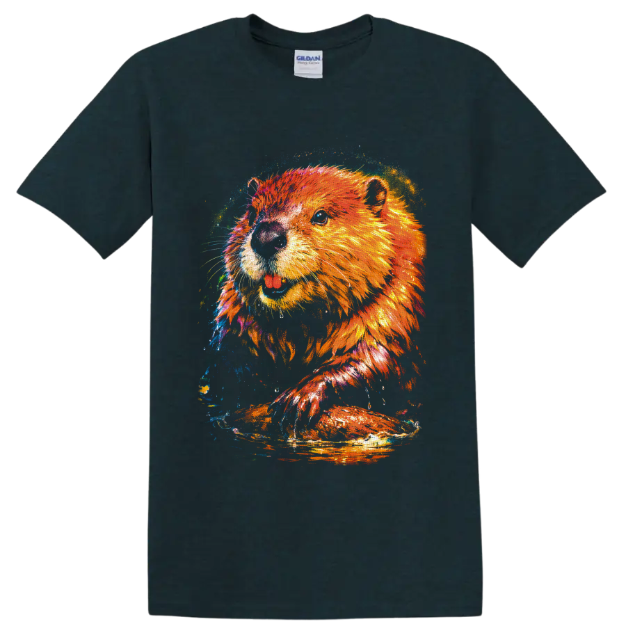 Colorful sea otter portrait in vivid paint-splash wildlife art on a Midnight (Green) T Shirt