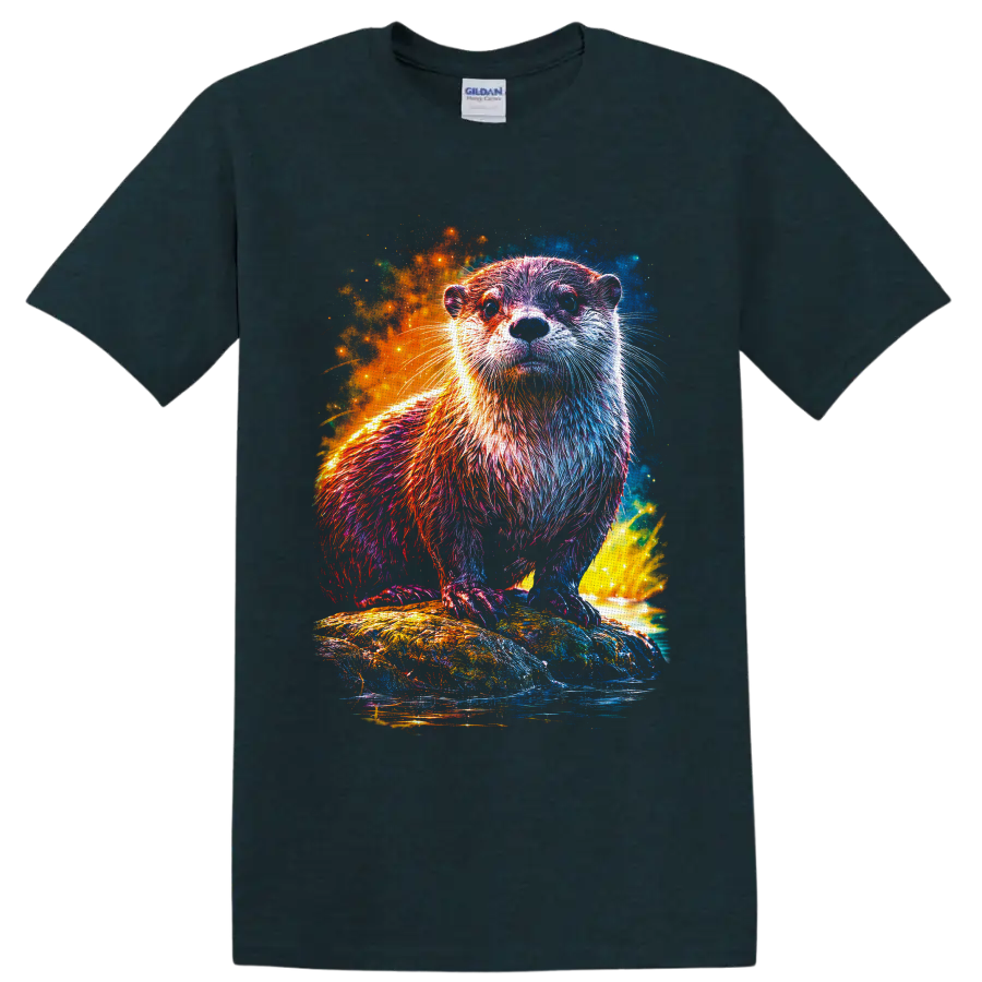 Cosmic neon otter standing on a rock above water with glowing colorful splashes on a Midnight (Green) T Shirt