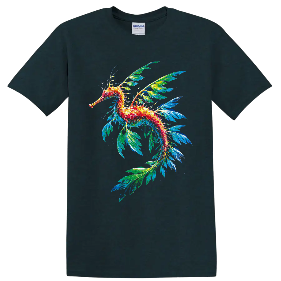 Colorful leafy seadragon illustration with flowing blue and green leaf-like fins on a Midnight (Green) T Shirt