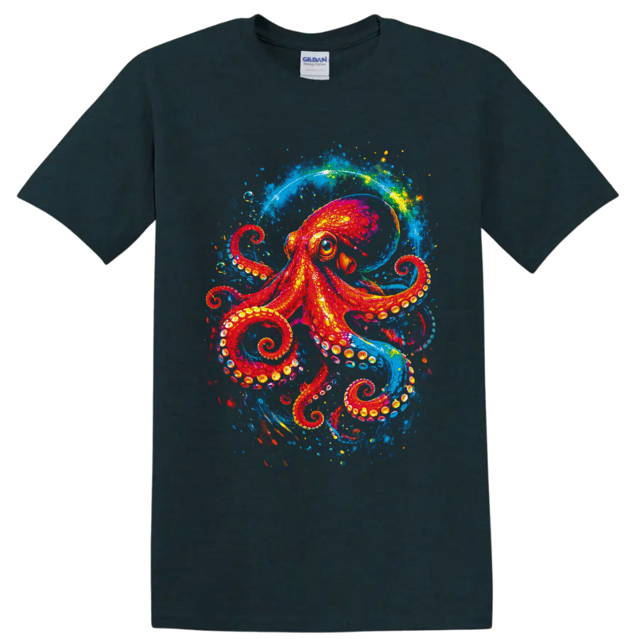 Colorful red octopus in electric blue ocean splash art with curling tentacles on a Midnight (Green) T Shirt