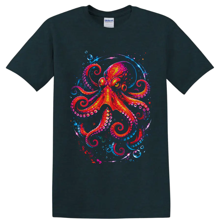 Neon-style octopus with curling tentacles, bubbles, and electric blue ocean swirls on a Midnight (Green) T Shirt