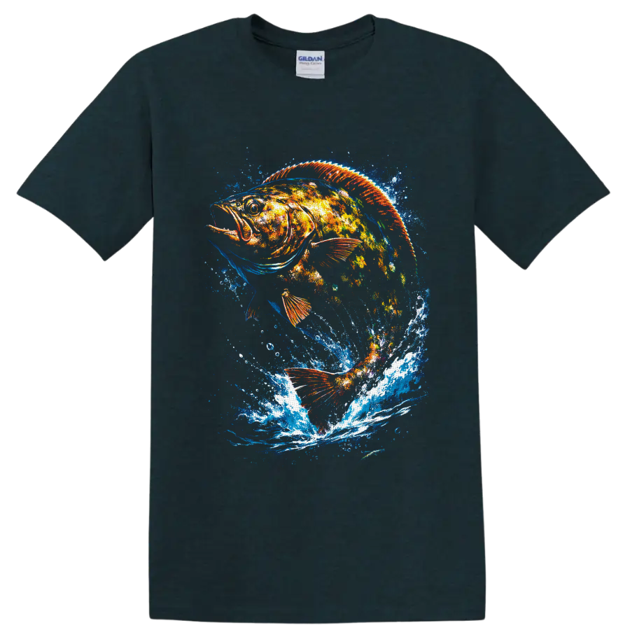 Color splash largemouth bass graphic with orange fins and dramatic blue water splashes on a Midnight (Green) T Shirt