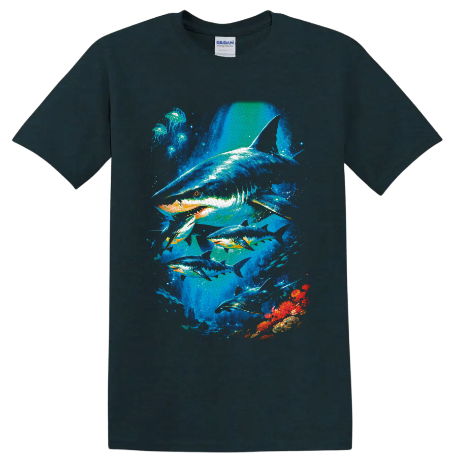 Vibrant shark, jellyfish, rays, and coral underwater wildlife graphic on a Midnight (Green) T Shirt