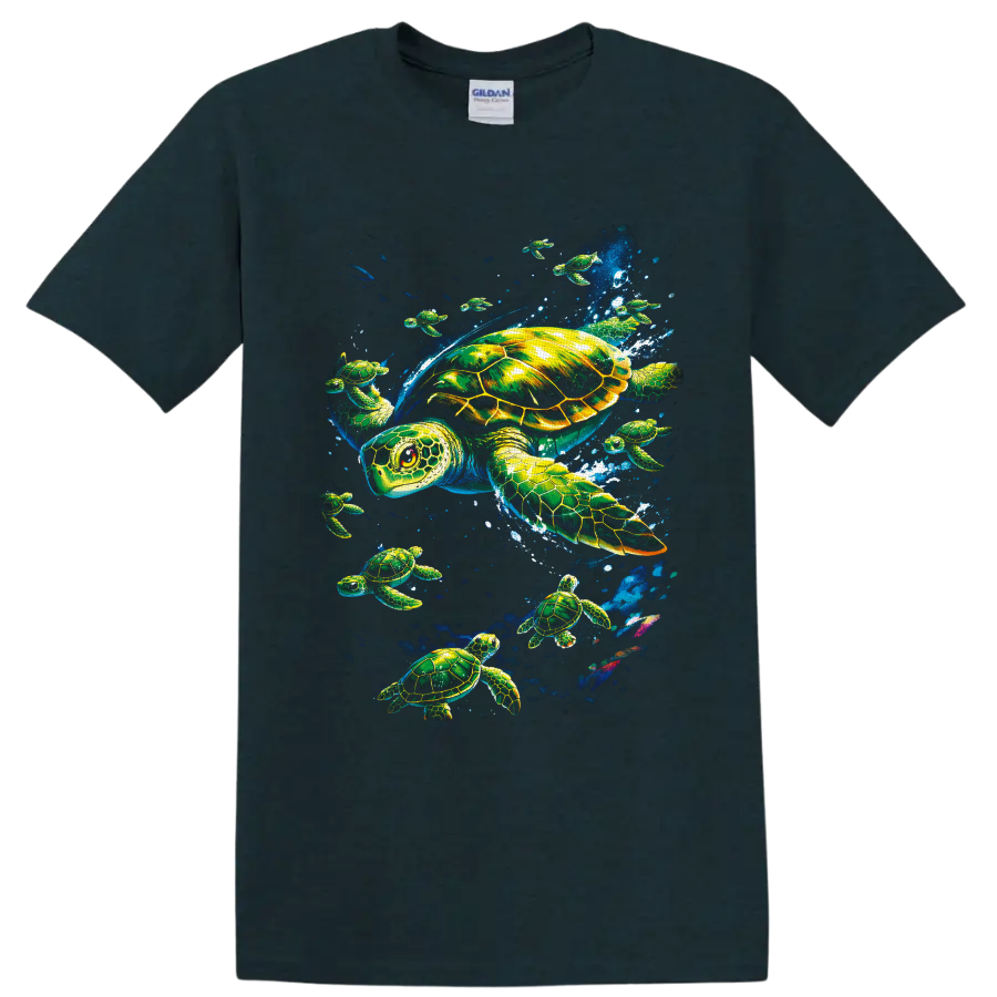 Colorful sea turtle underwater graphic with swimming turtles, bubbles, and ocean spray on a Midnight (Green) T Shirt