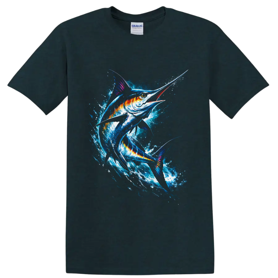 Vivid watercolor-style marlin leaping through a crashing ocean splash on a Midnight (Green) T Shirt