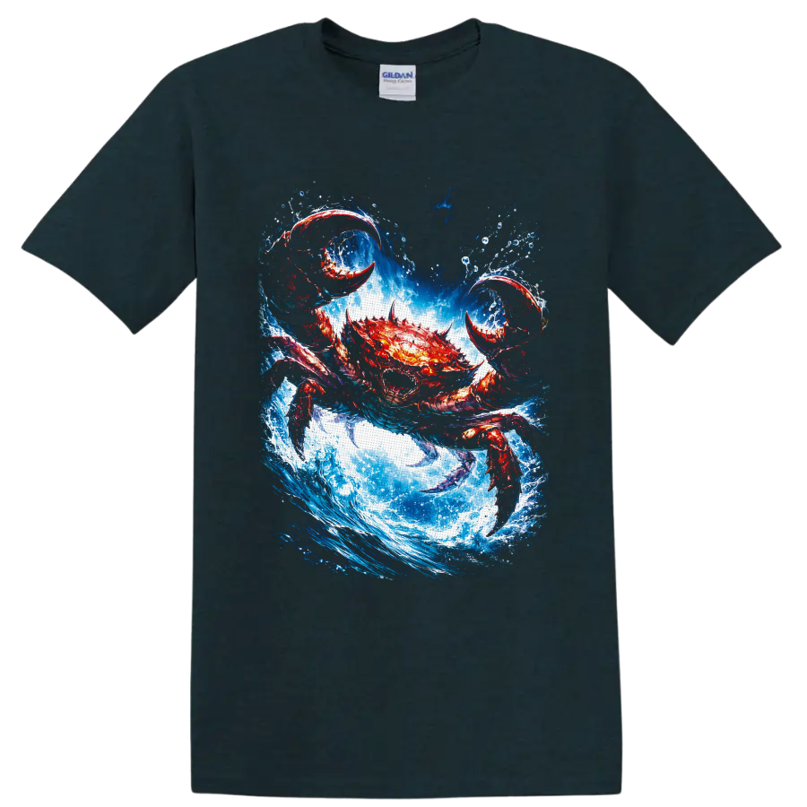 Fiery red crab with raised claws charging through a crashing blue ocean wave on a Midnight (Green) T Shirt