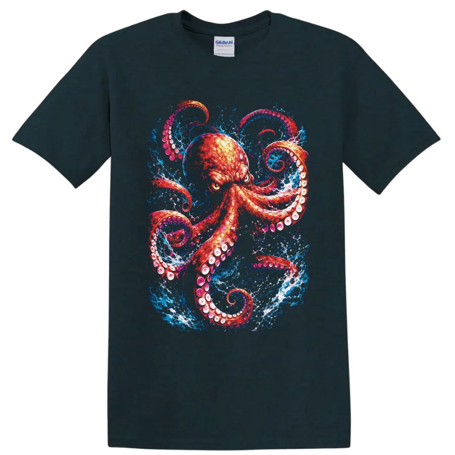 Red-orange octopus with curling tentacles in vivid blue ocean splash art on a Midnight (Green) T Shirt