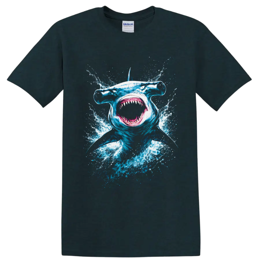 Hammerhead shark portrait with open mouth and explosive blue ocean splash artwork on a Midnight (Green) T Shirt