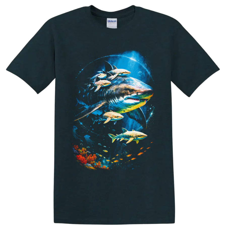 Great White Shark and tropical fish in vivid underwater coral reef art on a Midnight (Green) T Shirt