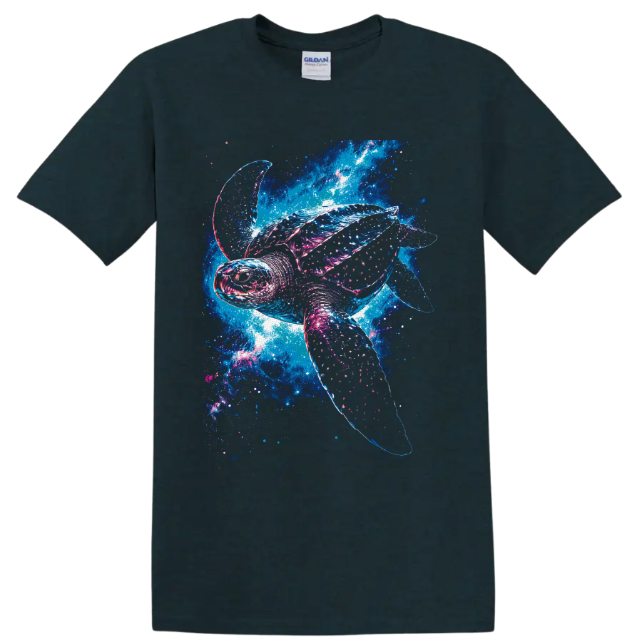 Sea turtle swimming through a neon blue and pink cosmic ocean galaxy design on a Midnight (Green) T Shirt