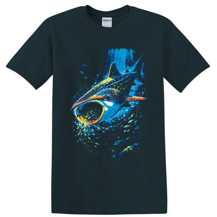 Colorful painterly whale shark swimming through blue water with schools of fish on a Midnight (Green) T Shirt