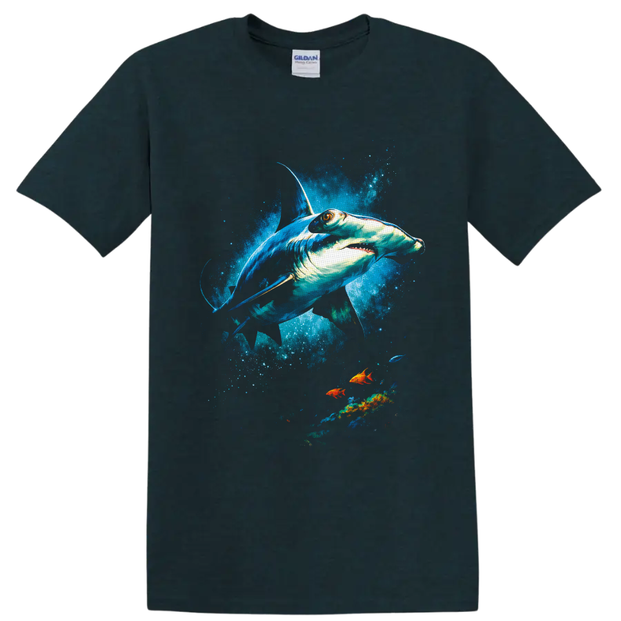 Hammerhead shark in vivid watercolor ocean splashes with colorful tropical fish on a Midnight (Green) T Shirt