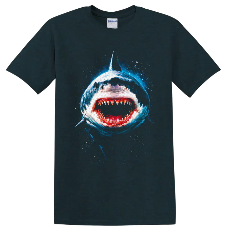 Great white shark open-jaw blue ocean splash graphic print on a Midnight (Green) T Shirt