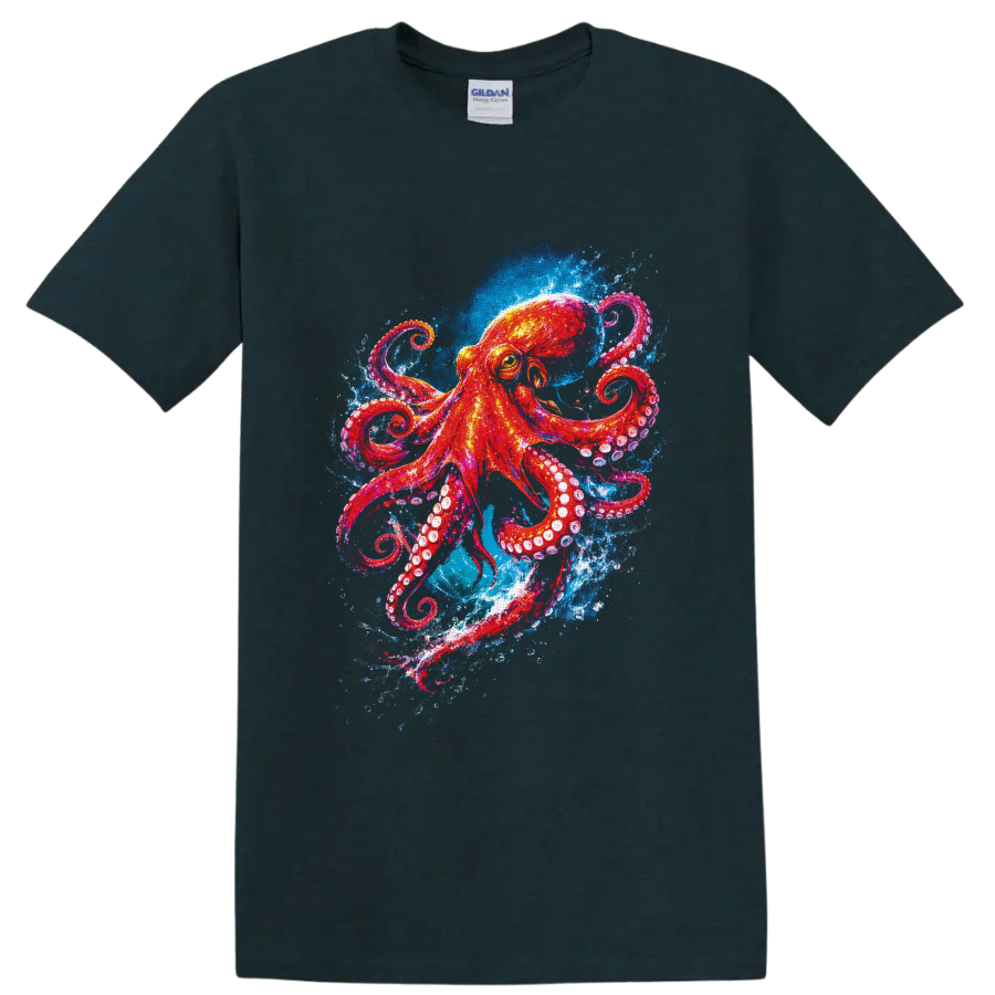 Vibrant watercolor octopus with curling tentacles in blue ocean splashes on a Midnight (Green) T Shirt