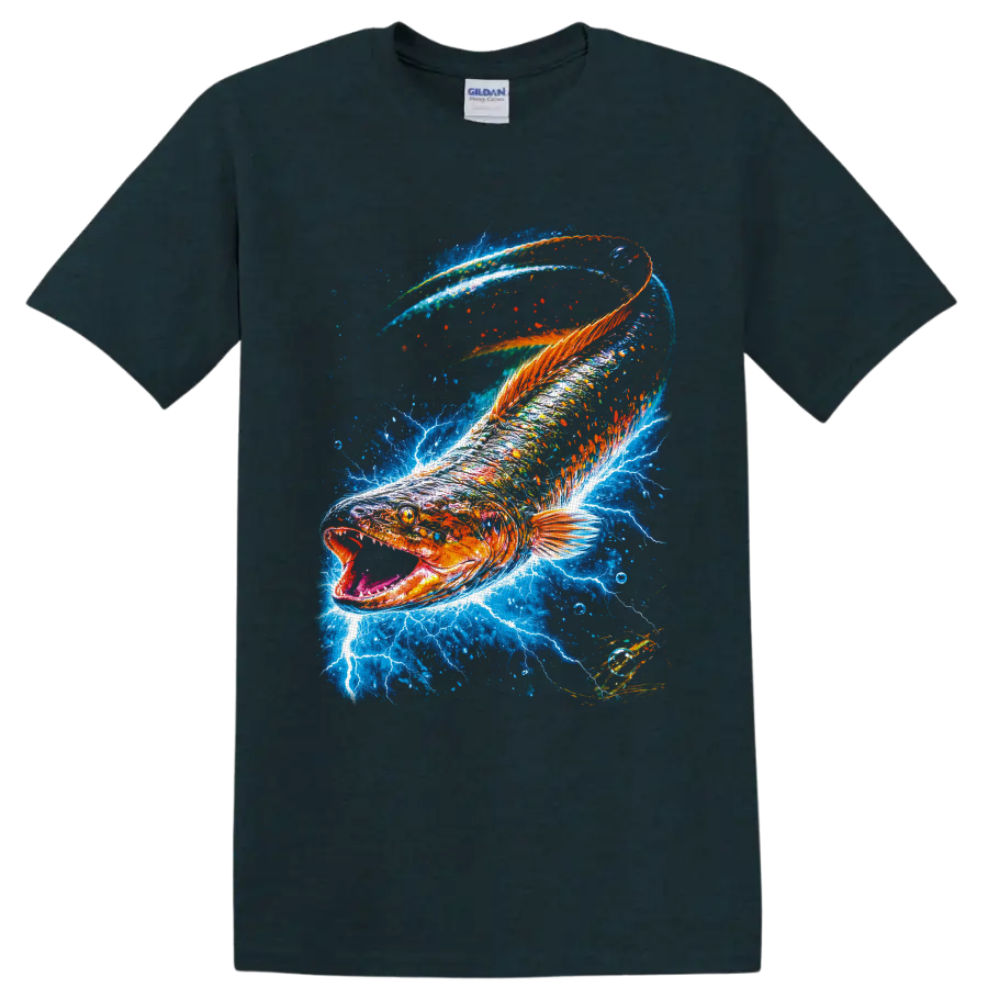 Largemouth bass with lightning and vivid blue water splash graphic on a Midnight (Green) T Shirt