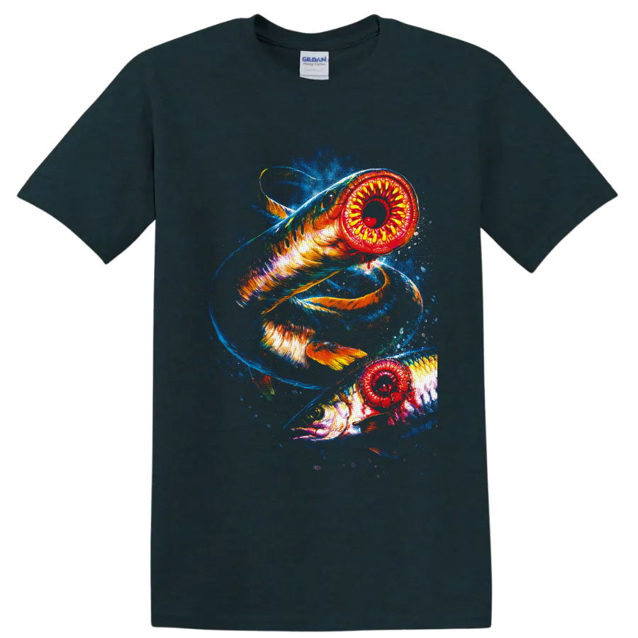 Two vivid lamprey fish in swirling blue water with fiery painterly ocean art on a Midnight (Green) T Shirt