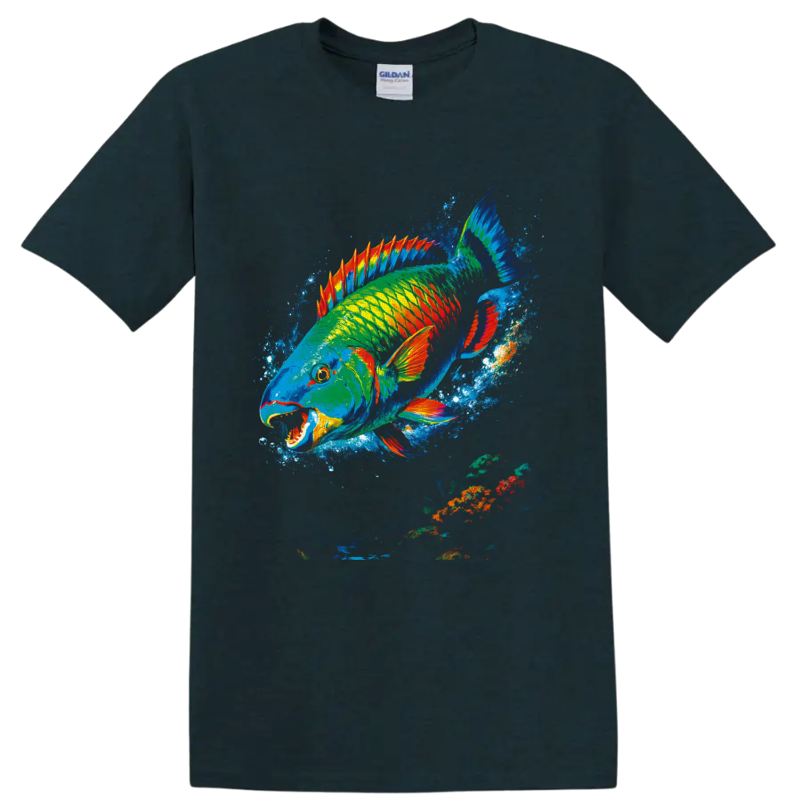 Vibrant painterly parrotfish graphic swimming through an electric blue ocean splash on a Midnight (Green) T Shirt