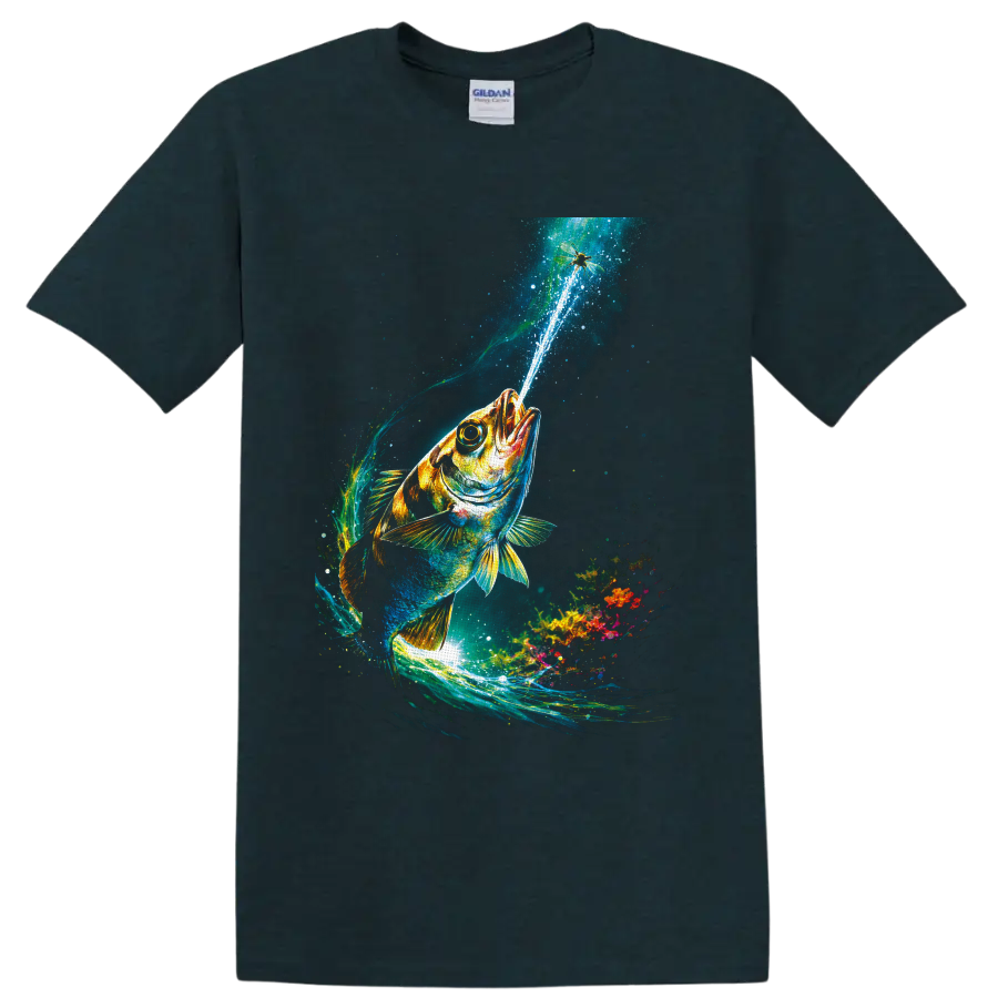Vibrant bass leaping through glowing underwater currents toward a dragonfly on a Midnight (Green) T Shirt