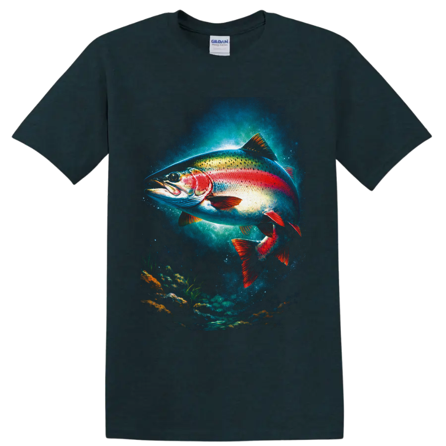 Colorful rainbow trout swimming in a glowing freshwater underwater art scene on a Midnight (Green) T Shirt