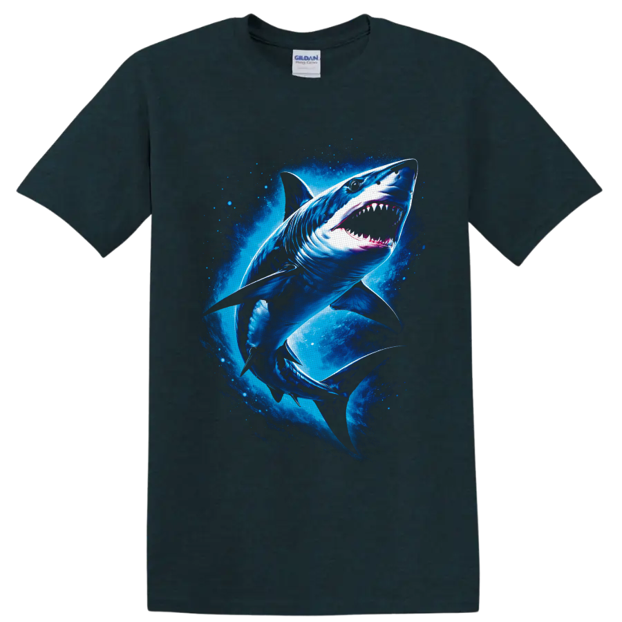 Great White Shark in a vivid blue underwater ocean graphic print on a Midnight (Green) T Shirt
