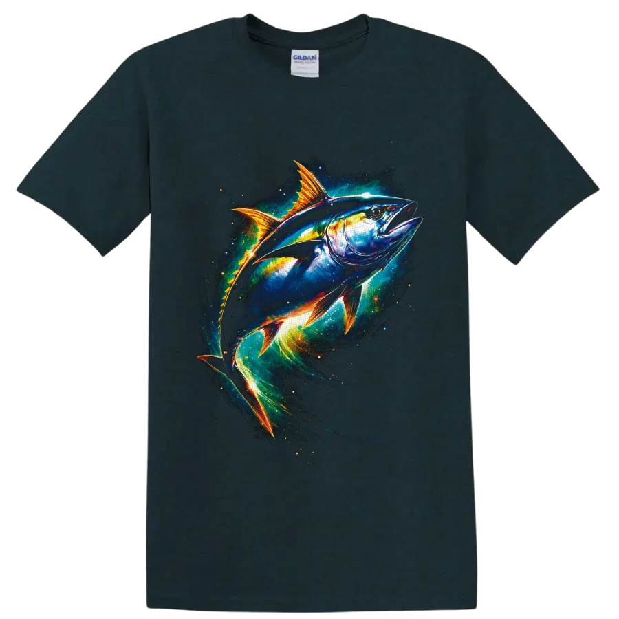 Colorful tuna swimming through glowing cosmic ocean waves on a Midnight (Green) T Shirt