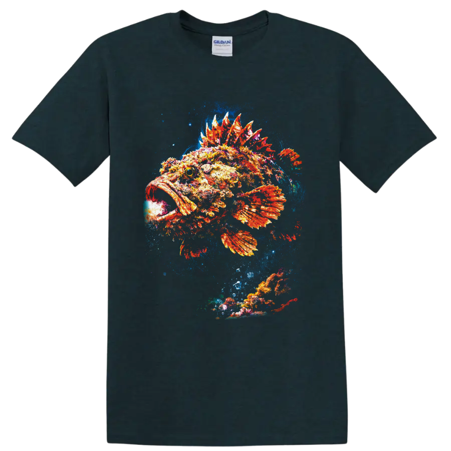 Colorful painterly spiny fish with fiery fins in a blue underwater splash on a Midnight (Green) T Shirt