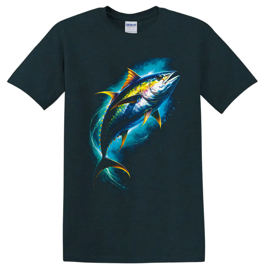 Colorful tuna swimming through a swirling blue ocean with golden fins on a Midnight (Green) T Shirt