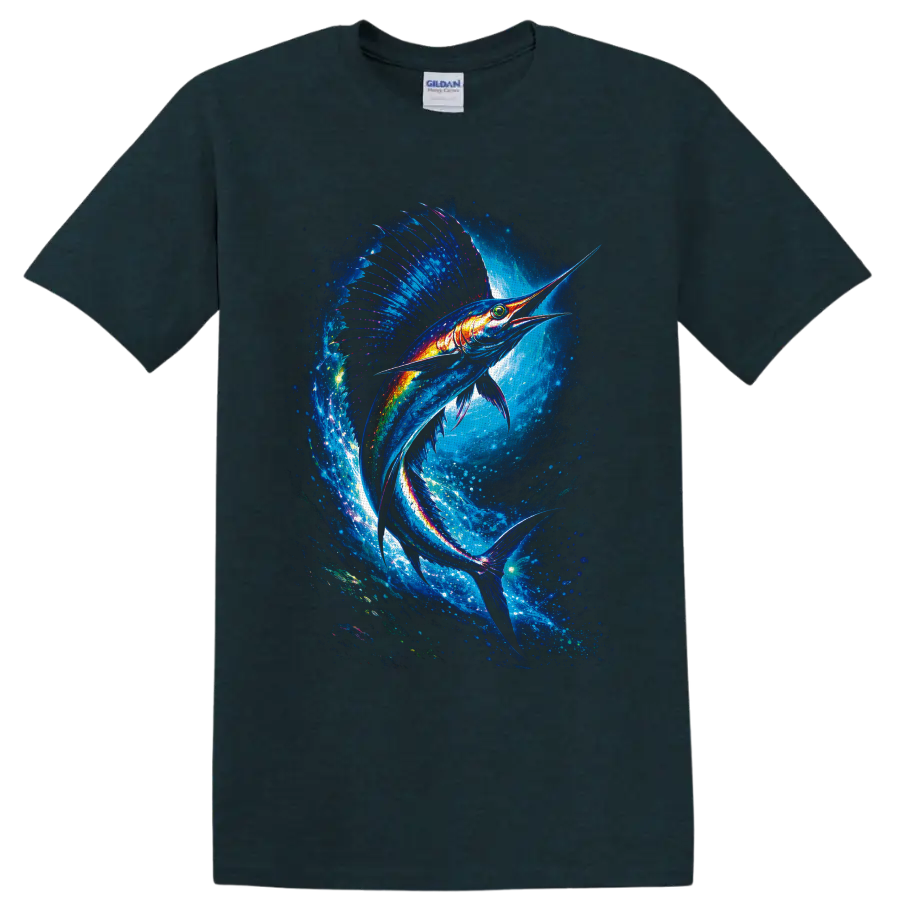 Neon-style sailfish swimming through a glowing blue ocean wave on a Midnight (Green) T Shirt