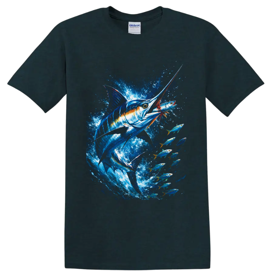 Blue marlin chasing a fish amid schooling tuna in vivid ocean splash artwork on a Midnight (Green) T Shirt