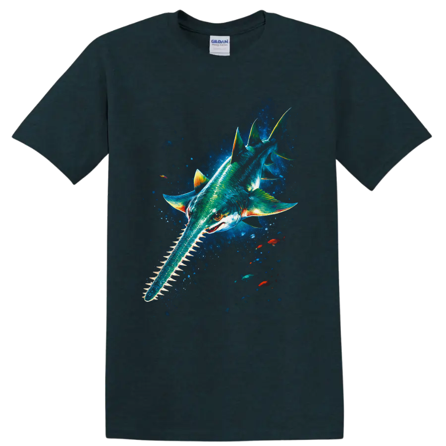 Colorful sawshark graphic swimming through a glowing deep-blue underwater scene on a Midnight (Green) T Shirt