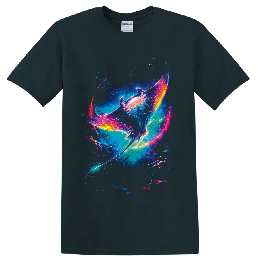 Neon fantasy manta ray gliding through a starry cosmic ocean on a Midnight (Green) T Shirt