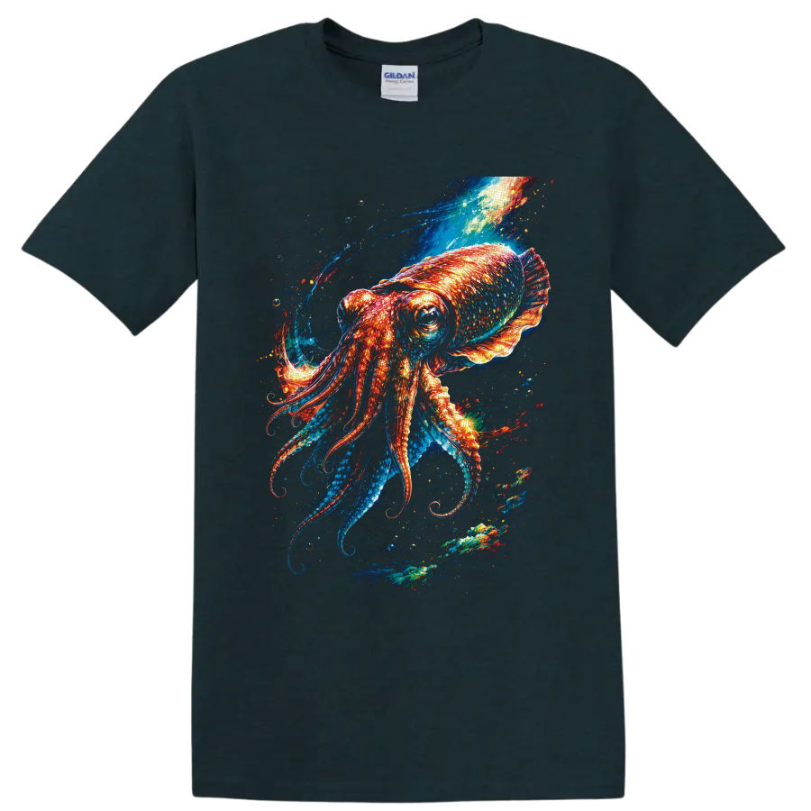 Vivid cosmic squid graphic with glowing orange tentacles and swirling blue ocean currents on a Midnight (Green) T Shirt