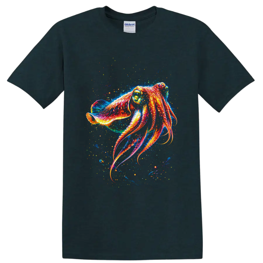 Neon orange octopus with curling arms in an electric blue ocean splash illustration on a Midnight (Green) T Shirt