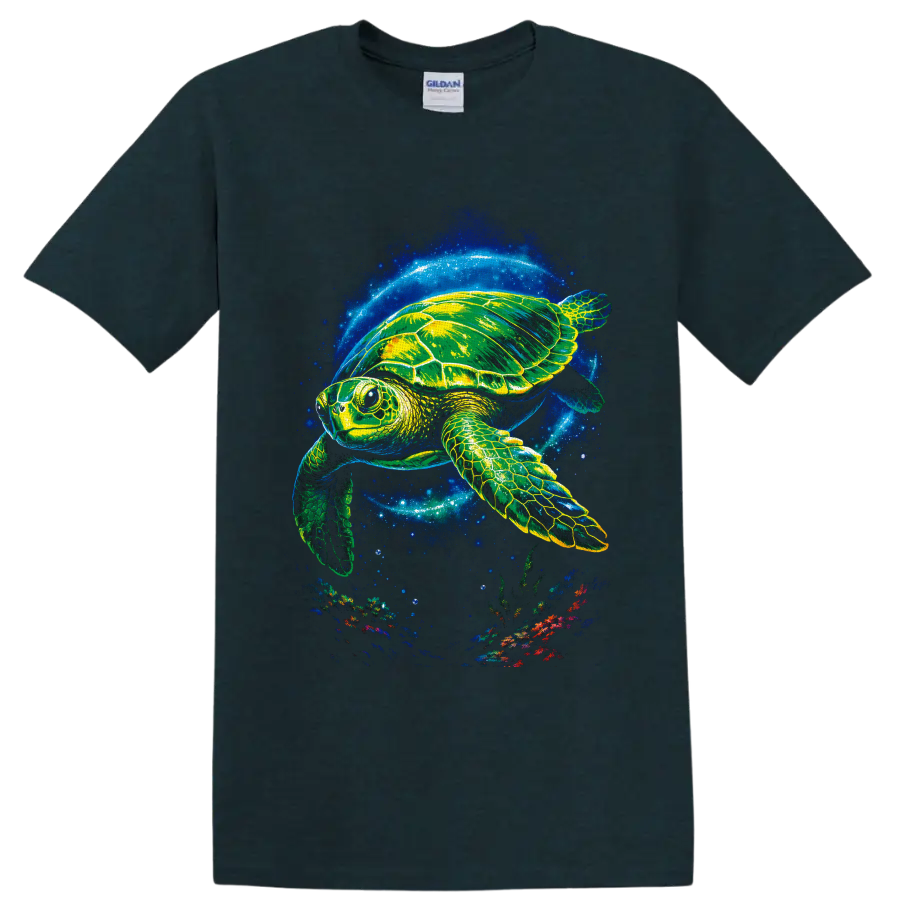 Neon sea turtle swimming through a glowing blue ocean with bubbles and coral reef on a Midnight (Green) T Shirt