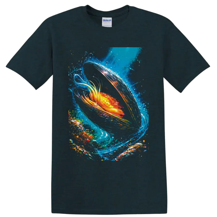 Radiant goldfish in swirling blue water with bubbles and colorful painterly splashes on a Midnight (Green) T Shirt