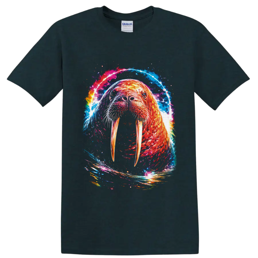 Vibrant cosmic walrus portrait with long tusks and swirling ocean-color energy on a Midnight (Green) T Shirt