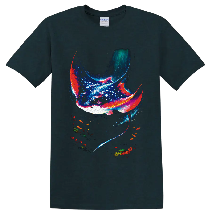 Cosmic manta ray illustration with luminous speckles, colorful fish, and coral on a Midnight (Green) T Shirt
