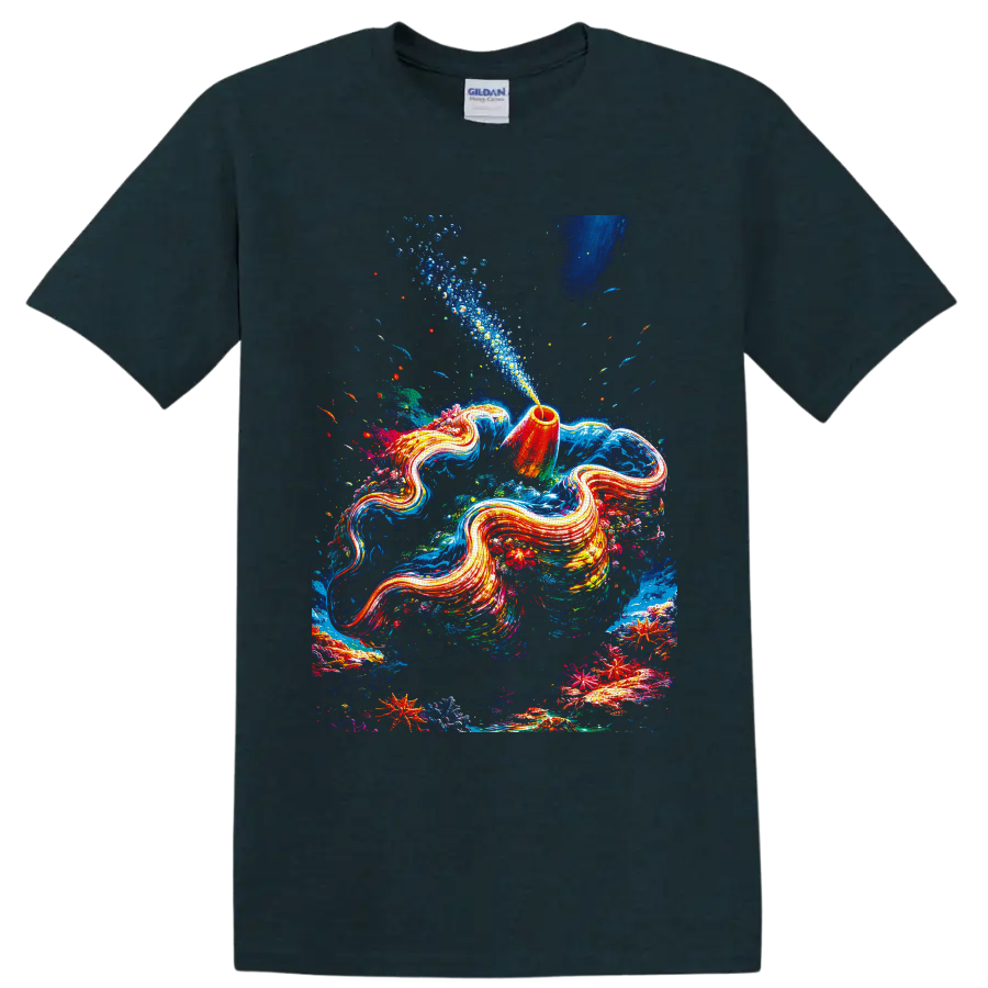 Flowing aquatic animals in colorful coral reef art with fish, bubbles, and starfish on a Midnight (Green) T Shirt